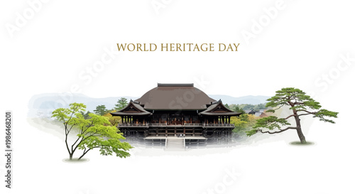 A serene vector illustration celebrates World Heritage Day with a depiction of a historical landmark beneath the text, flanked by two distinct trees, set against a clean white background