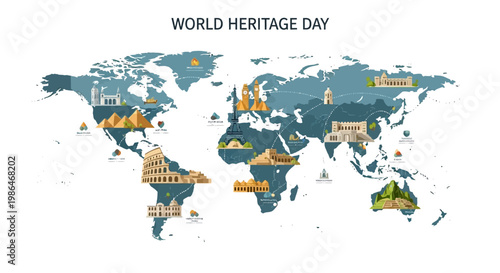 Detailed vector illustration showing famous landmarks scattered across a world map for World Heritage Day, rendered in a flat design style with a focus on cultural diversity and global
