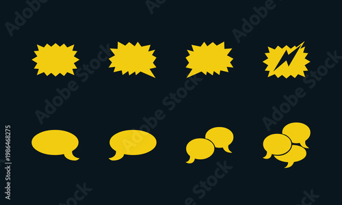 Yellow comic speech bubbles and burst shapes set vector illustration on dark background