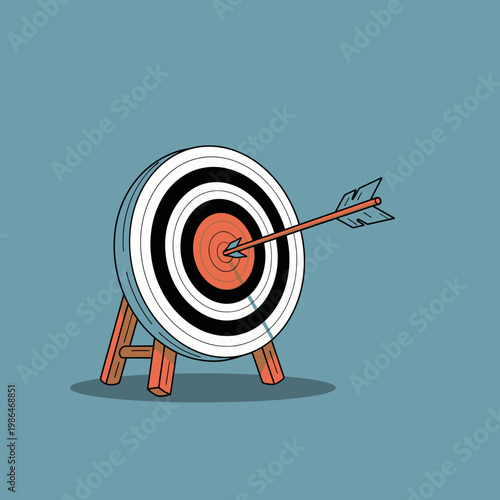 Vector illustration of a circular archery target on a wooden tripod stand with a single arrow hitting the bullseye, isolated on a light blue background with a flat cartoon style.