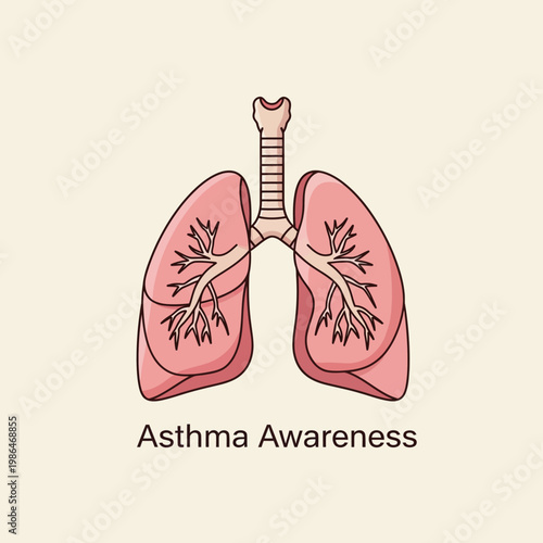 Anatomical vector illustration of human lungs including trachea and bronchial tree with asthma awareness text, designed for respiratory health education and medical campaigns.