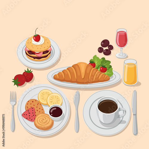 Vector illustration of a breakfast brunch spread featuring a croissant with lettuce and tomatoes, pancakes with cream and cherry, black coffee, orange juice, and assorted pastries.