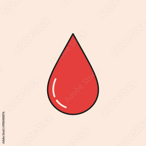 Red blood drop vector icon with black stroke and highlight detail, centered on a pale background, symbolizing blood donation, medical healthcare, lab analysis, and hematology concepts.