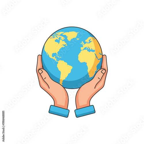 Vector illustration of a pair of human hands cupping and protecting a planet Earth globe featuring yellow continents and blue oceans, isolated on a white background, symbolizing global support.