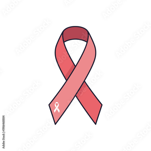 Coral pink awareness ribbon vector icon with secondary white ribbon emblem on tail, isolated on white background, for cancer support, health advocacy, medical care, and wellness.