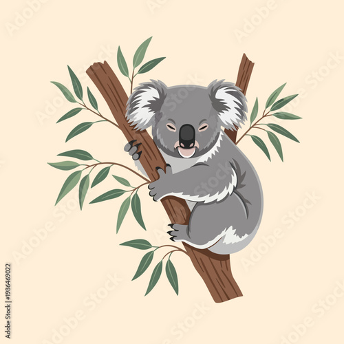 Vector illustration of a gray koala bear clinging to a brown eucalyptus tree branch with green leaves, isolated on a beige background, showing its furry ears and black claws.