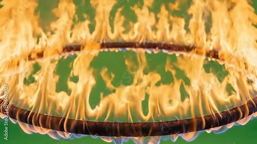 A burning circular object with flames against a green background, a fiery spectacle