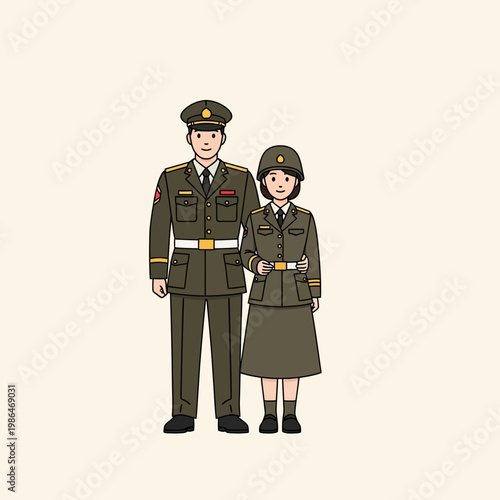 Flat vector illustration of a military couple standing together in olive green formal uniforms. The man wears a service cap and trousers, while the woman wears a helmet and skirt.