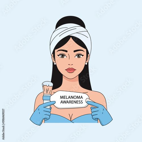 Illustration of a woman wearing a white headband and blue medical gloves holding a sign that says Melanoma Awareness and a sunscreen application brush on a light blue background.