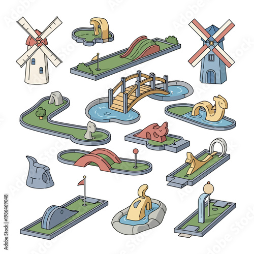 Isometric collection of miniature golf course obstacles featuring windmills, wooden bridges, water hazards, tunnels, and stylized ramps isolated on a white background vector set.