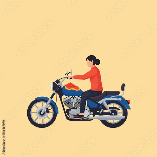Flat vector illustration of a woman in a red shirt sitting on a blue cruiser motorcycle with decorative red flowers on the gas tank, isolated on a solid light yellow background.