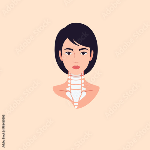 Medical illustration of a woman showing the cervical spine and neck vertebrae, representing ankylosing spondylitis, neck pain, or spinal health in a flat vector style.