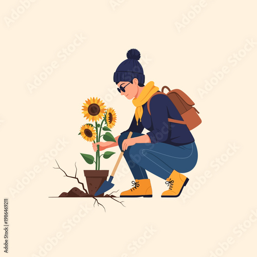 Vector illustration of a woman in a blue beanie, yellow scarf, and boots crouching to plant three sunflowers into a crack in the ground with a small trowel and brown backpack.