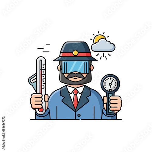 Character illustration of a professional meteorologist wearing a hat and visor, holding a scientific thermometer and a round barometer with a sun and cloud symbol above his head.