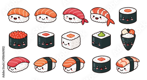 Cute Kawaii Sushi Sticker Collection, Adorable Chibi Japanese Food Character Set Vector Illustration for Menu Design and Stickers.
