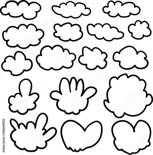 A set of cartoon clouds in different formations.