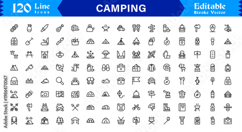 Camping Outdoor Adventure Line Icon Set – Professional, Minimal, Editable, And Pixel Perfect Nature Symbols