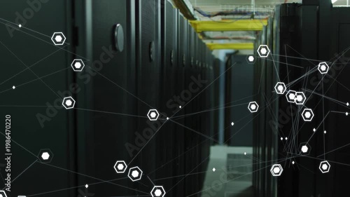 Camera pushing forward, revealing tray and driving datacenter overlay, hex nodes clustering racks
