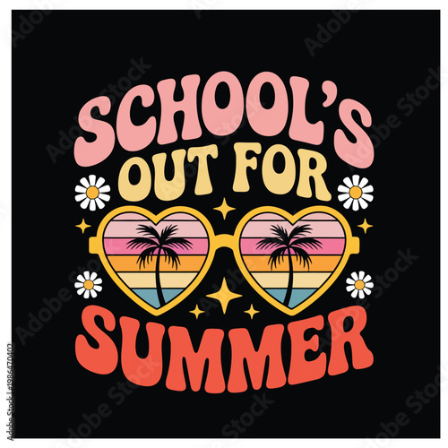 School's Out for Summer Retro Typography Design with Heart Sunglasses and Palm Trees