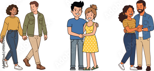Set of young couples expressing affection and companionship, including walking together, hugging, and smiling in casual outfits, illustrated in a clean cartoon style.