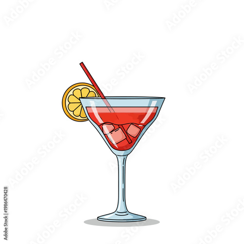 A stylized vector-style illustration of a red cosmopolitan cocktail in a classic martini glass with ice cubes, a red straw, and a lemon slice garnish on a plain white background.