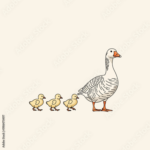 Minimalist vector illustration of a white adult mother goose leading three small yellow goslings in a row, featuring clean outlines and orange webbed feet on a plain background.