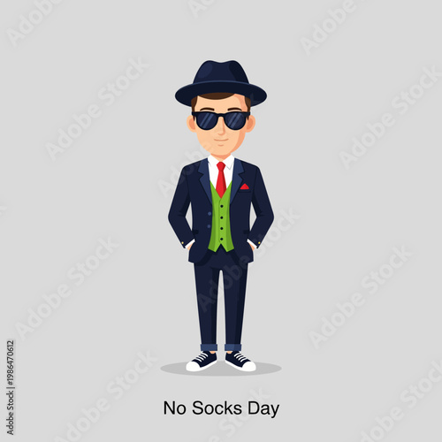 Vector illustration of a stylish man wearing a navy suit, green vest, red tie, and fedora with sunglasses, posing without socks in sneakers for National No Socks Day.