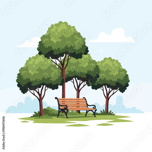 Vector illustration of a wooden park bench with black metal armrests sitting on a green lawn under lush deciduous trees against a light blue sky with white clouds.
