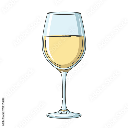 Vector illustration of a single glass of white wine, specifically Sauvignon Blanc, featuring a clear glass stemware bowl and pale yellow liquid, isolated on a white background.