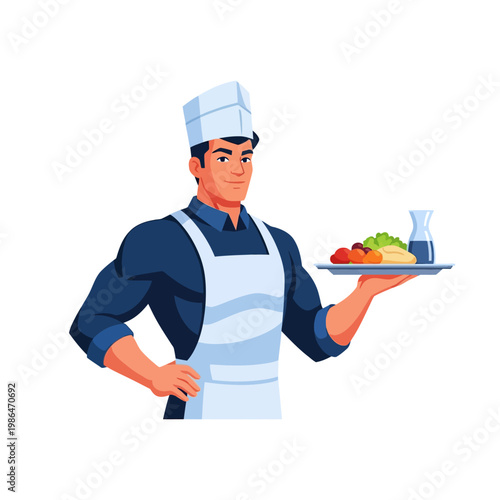 Vector illustration of a muscular male school lunch worker or cafeteria server wearing a white toque and apron, holding a tray with healthy food isolated on a white background.