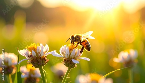 Bee perches on wildflowers in green meadow, soft focus background.