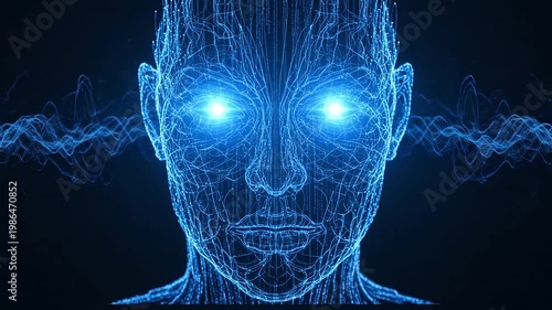 Glowing blue digital human face with neon light.