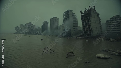 Sunken City Edge After Nuclear Catastrophe Shows Half Submerged Buildings and Toxic Tidal Waters