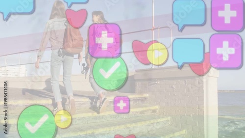 Walking two friends climbing sea steps toward railing with backpacks, skateboard, icons appearing