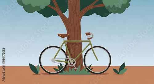 Bicycle parked under a tree on a sunny day