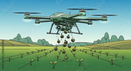 Drone dropping seeds on a field for planting