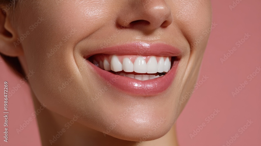 Naklejka premium Close-Up of a Beautiful Smiling Woman with Healthy Teeth and Radiant Skin Posing Against a Soft Pink Background in a Studio Setting