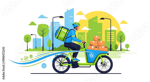 delivery man on bicycle in cityscape