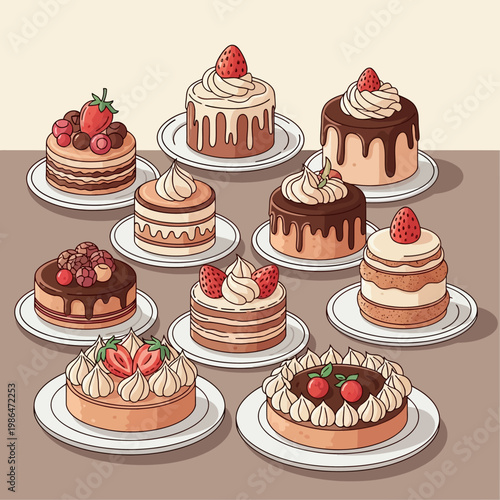 Illustration of various gourmet dessert cakes and individual pastries decorated with chocolate ganache, whipped cream swirls, fresh strawberries, and raspberries on white ceramic plates.