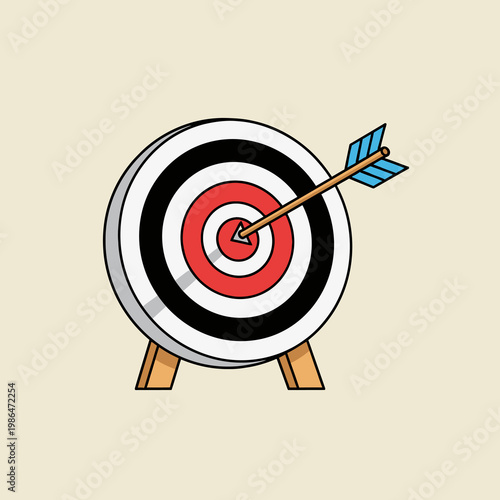 Vector illustration of a circular archery target with concentric red, white, and black rings on a wooden stand, featuring a single arrow with blue fletching hitting the center bullseye.
