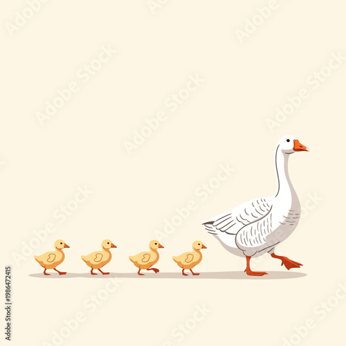 Minimalist vector illustration of an adult white mother goose walking forward followed by a row of four small yellow goslings on a plain cream background for nature concept.