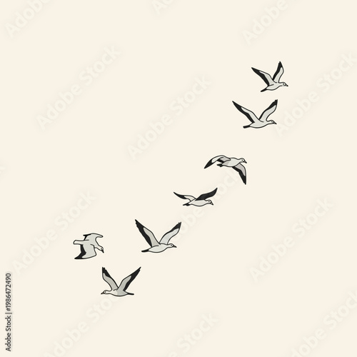 Minimalist vector illustration of a flock of seven migratory birds flying in diagonal formation against a cream background, depicting wild waterfowl in seasonal migration pattern.