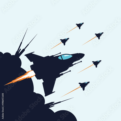 Minimalist vector illustration of a squadron of dark starfighter silhouettes flying diagonally with orange engine exhaust trails against a light blue background with smoke.