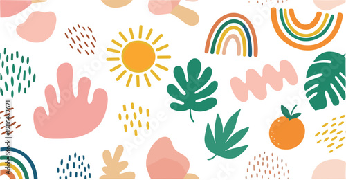 Abstract boho pattern set with sun, rainbow and organic shapes, modern pastel background collection for trendy design