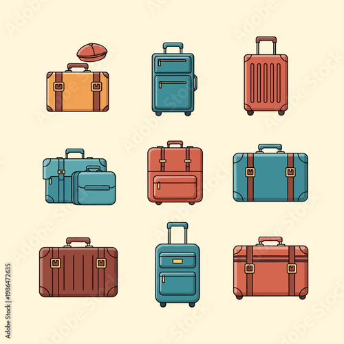 A collection of nine travel luggage icons including wheeled trolley suitcases, classic briefcases with straps, and handheld bags in teal and reddish-brown flat vector illustration.