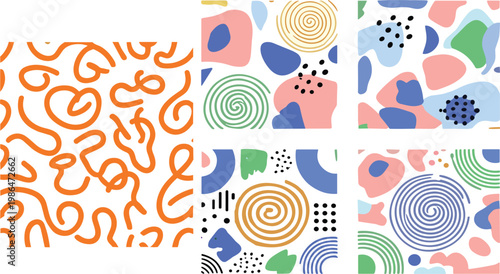 Abstract seamless pattern set with organic shapes and spiral elements, modern colorful background collection for textile and surface design