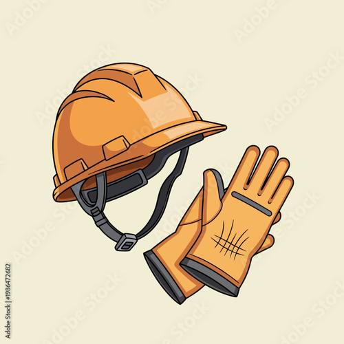 Industrial safety gear illustration featuring an orange construction hard hat with a black chin strap and a pair of protective leather work gloves on a neutral light background.