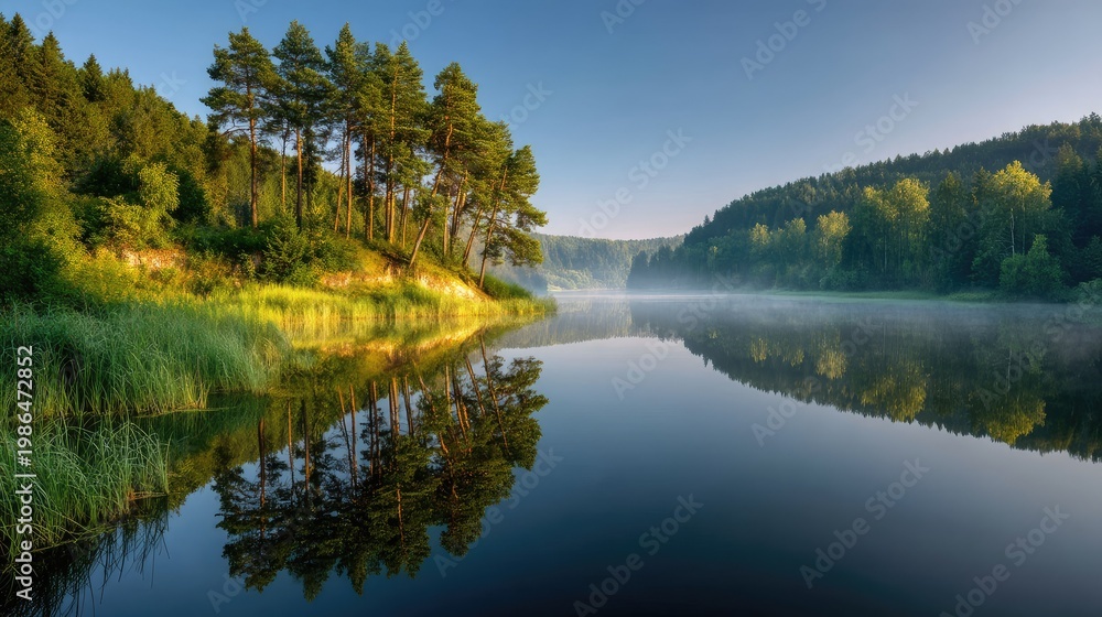 Obraz premium Serene Morning Landscape with Misty Reflections on Calm Water Surrounded by Lush Green Forest and Pine Trees in Tranquil Nature Setting