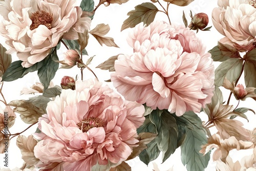 Pink peony flowers with green leaves and buds on white background, vintage floral pattern for wallpaper, fabric, or decorative design with elegant natural beauty.