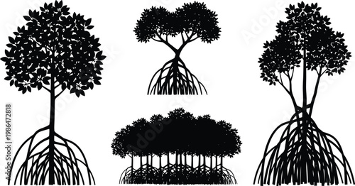 Black silhouette set of mangrove trees with tree roots with aerial roots with plant life with tree illustration with nature graphic with botany illustration with mangrove forest with root system